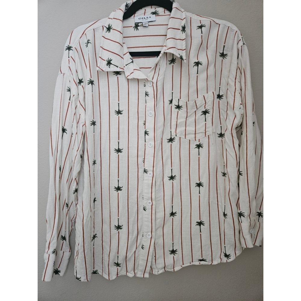 Gilli Palm Tree Stripe Button Down Shirt Womens L White Linen Blend MT10123 EX